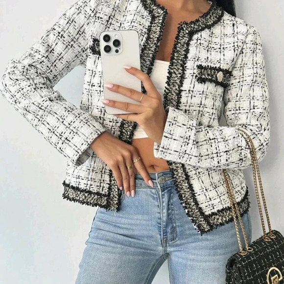 Autumn/Winter Vintage Trimmed Knitted Tweed Short Jacket